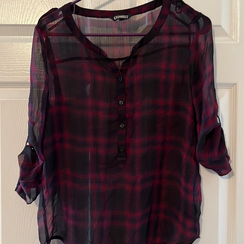 Express mesh see-through pink and purple plaid cuff sleeve blouse S